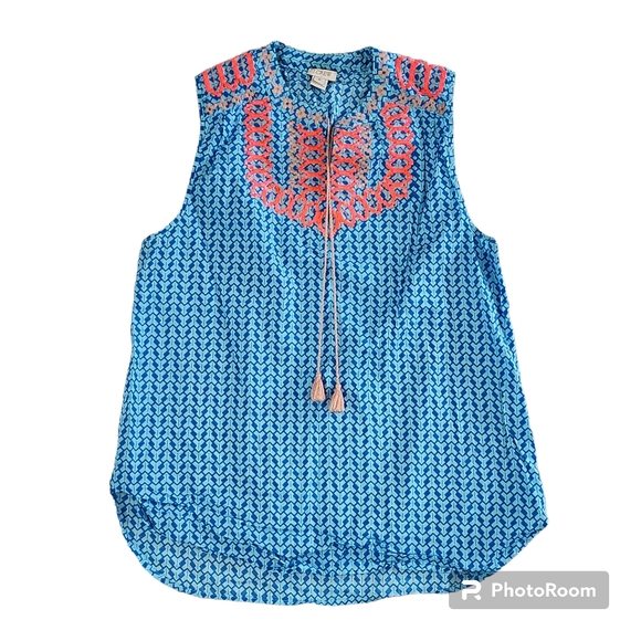 J Crew Factory Embroidered Tassel top. Size 8 Blue orange - Picture 1 of 9